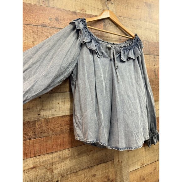 Chambray Denim Ruffle Long Sleeve Blouse size small - Picture 5 of 9